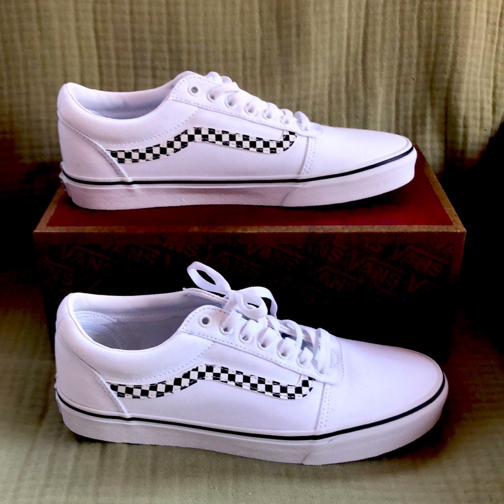 Checkered stripe white vans